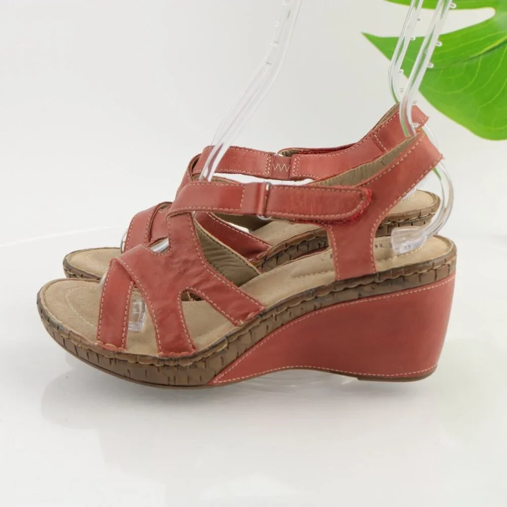 Hotter Womens Mellow Sandals Size 7.5 Red Leather Wedge Heel Strappy Slingback - Picture 5 of 12